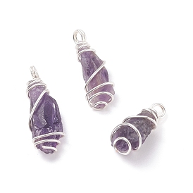 Rough Natural Amethyst Pendants, with Copper Wire Wrapped, Nuggets
