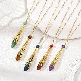 304 Stainless Steel Filigree Natural Gemstone Faceted Pointed Bullet Pendant Brass Cable Chain Necklaces, Golden