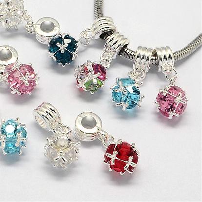 Alloy European Dangle Charms, with Rhinestones, Large Hole Pendants, Round, Silver Color Plated, 28mm, Hole: 5mm
