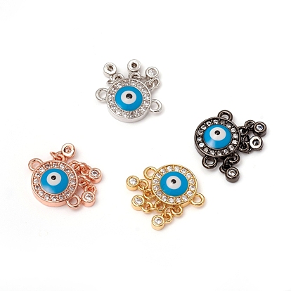 Brass Micro Pave Clear Cubic Zirconia Links Connectors, with Enamel, Long-Lasting Plated, Woven Net/Web with Evil Eyes