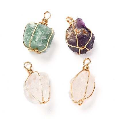 Natural Mixed Gemstone Pendants, with Real 18K Gold Plated Eco-Friendly Copper Wire, Nuggets