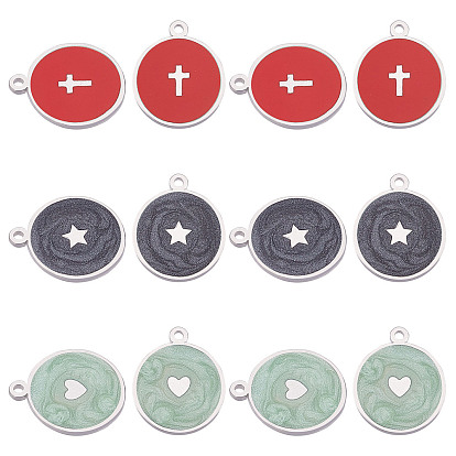 12Pcs 3 Colors 304 Stainless Steel Enamel Pendants, Stainless Steel Color, Flat Round with Heart & Star & Cross