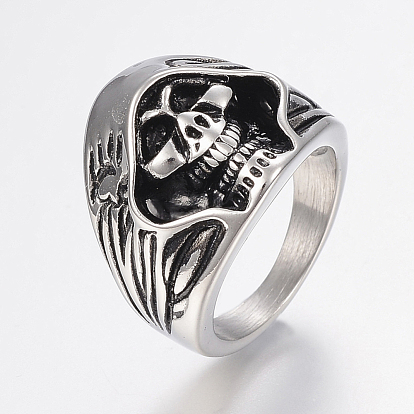 304 Stainless Steel Finger Rings, with Enamel, Skull