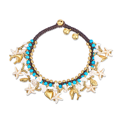 Вощеные шнурки на щиколотку, с синтетическими бирюзовый, драгоценный камень чипов, латунные бусы и подвески, Тема океана