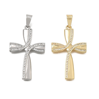 Brass Micro Pave Clear Cubic Zirconia Pendants, Curved Cross Charms