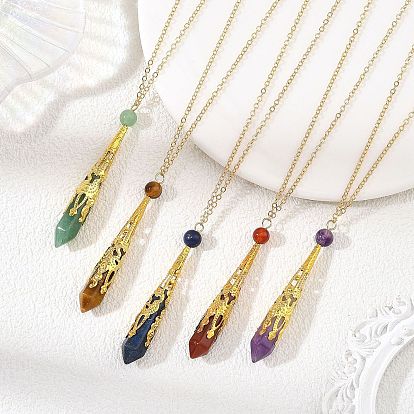 304 Stainless Steel Filigree Natural Gemstone Faceted Pointed Bullet Pendant Brass Cable Chain Necklaces, Golden