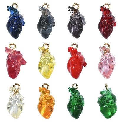 12 Stück 12 Farben transparent 3 Harzanhänger, Herz, mit eisernem Augenstift