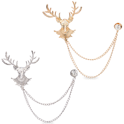 2Pcs 2 Colors Deer Hanging Chain Brooch Pin, Alloy Badge for Clothes
