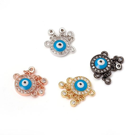 Brass Micro Pave Clear Cubic Zirconia Links Connectors, with Enamel, Long-Lasting Plated, Woven Net/Web with Evil Eyes