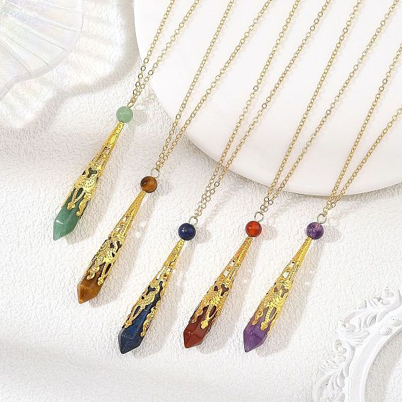 304 Collares con colgante de bala puntiaguda facetada de acero inoxidable con filigrana y piedras preciosas naturales, dorado