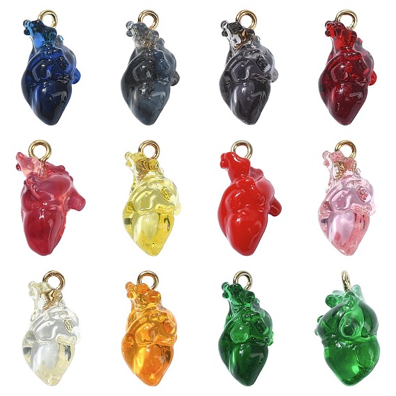 12Pcs 12 Colors Transparent 3D Resin Pendants, Heart, with Iron Eye Pin