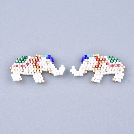 Handmade Seed Beads Pendants, with Elastic Thread, Loom Pattern, Elephant