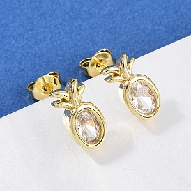 Серьги-гвоздики в форме ананаса с микропаве из латуни и прозрачными кубическими цирконами, долговечный, стойки покрытие, без кадмия и без свинца