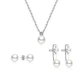 Sterling Silver Imitation Pearl Round Stud Earrings & Pendant Necklaces Sets, with Clear Cubic Zirconia