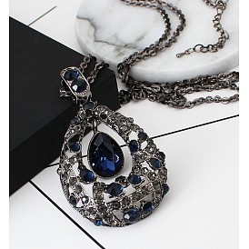 Длинные ожерелья из сплава со стеклянной подвеской в форме капли для женщин, металлический черный 