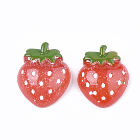 Cabochons décodés de fruits en résine opaque, avec de la poudre de paillettes, fraise