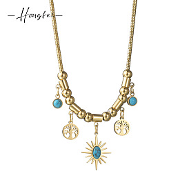 Bohemian Vintage Eight-pointed Star Tree Necklace Women 18K Gold Snake Bone Chain Decoration.