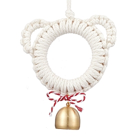 Wood & Cotton Thread Bear Head Pendant Decorations, with Brass Bell, for Home Wall Door Hanging Ornaments