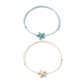 2Pcs 2 Styles Waxed Polyester Braided Bead Bracelets, with Synthetic Turquoise Beads, Starfish/Sea Stars