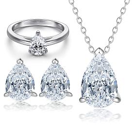 Stylish Waterdrop Zirconia Jewelry Set - Ring, Earrings & Necklace for Women in S925 Sterling Silver