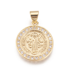 Brass Micro Pave Cubic Zirconia Pendants, Long-Lasting Plated, Lead Free & Cadmium Free & Nickel Free, Flat Round with CssmlNdsmd Cross God Father Religious Christianity, Clear