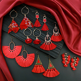 Bohemian Ethnic Style Tassel Earrings - Red Ear Pendant for New Year Bride.