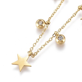 304 Stainless Steel Pendant Necklaces, with Clear Cubic Zirconia, Cable Chains and Round Beads, Star