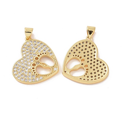 Brass Micro Pave Cubic Zirconia Pendants, Cadmium Free & Lead Free, Heart with Hollow Footprint Charm