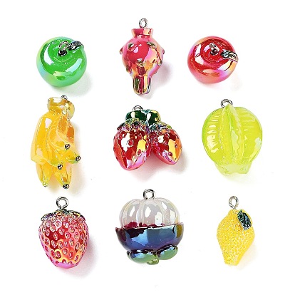 Подвески из смолы цвета клубники/яблока/лимена/банана/карамболы/питайи/мангустина ab, Подвески-фрукты с железными петлями с платиновым покрытием
