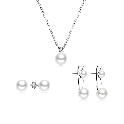 Sterling Silver Imitation Pearl Round Stud Earrings & Pendant Necklaces Sets, with Clear Cubic Zirconia
