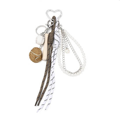 Подвесные украшения из бейсбольной ПУ кожи, АБС-пластика, круглых бусин и полиэстеровой веревки, с алюминиевыми застежками-карабином