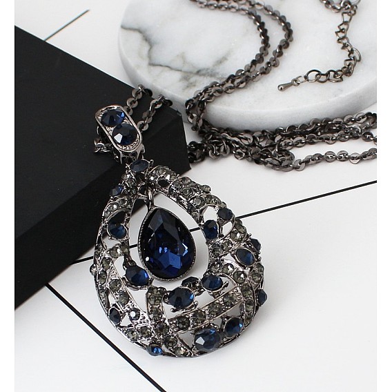 Длинные ожерелья из сплава со стеклянной подвеской в форме капли для женщин, металлический черный 