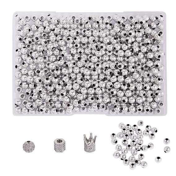 6Pcs 3 Styles Brass Micro Pave Cubic Zirconia Beads, with 350 Pcs CCB Plastic Beads, Round & Crown & Hexagon