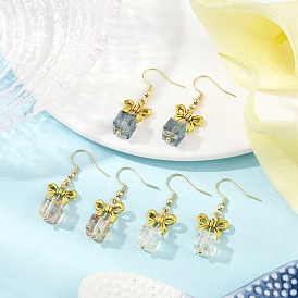 Alloy & Glass Dangle Earrings, with 304 Stainless Steel Earring Hooks for Women, Bowknot & Cube