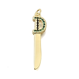Brass Micro Pave Green Cubic Zirconia Pendants, Knife with Letter D Charms, Rack Plating, Long-Lasting Plated, Cadmium Free & Lead Free