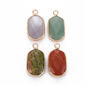 Natural Gemstone Pendants, with Golden Plated Brass Edge and Loop, Faceted, Oval