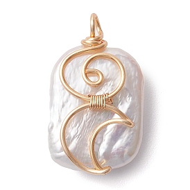 Copper Wire Wrapped Natural Baroque Keshi Pearl Pendants, Rectangle Charms with Moon