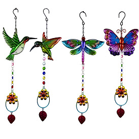 Rainbow Color Pendant Decorations, Glass Suncatcher, with Iron Findings, Bird/Butterfly/Dragonfly