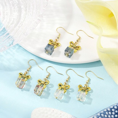 Alloy & Glass Dangle Earrings, with 304 Stainless Steel Earring Hooks for Women, Bowknot & Cube