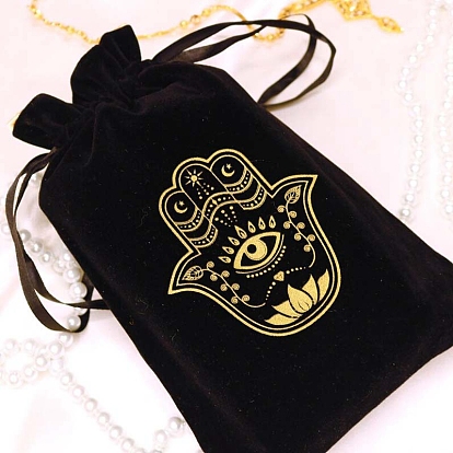 Rectangle Velvet Jewelry Packing Pouches, Drawstring Bags with Hamsa Hand Print