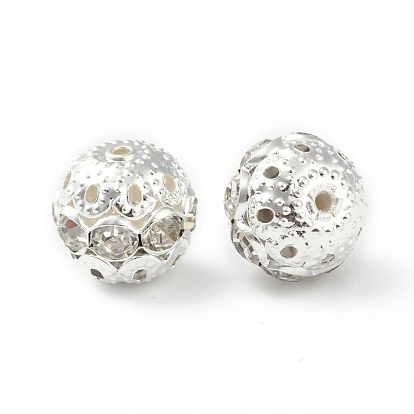 Brass Rhinestone Beads, Grade A, Silver Color Plated, Round, 12mm in diameter, Hole: 1.5mm