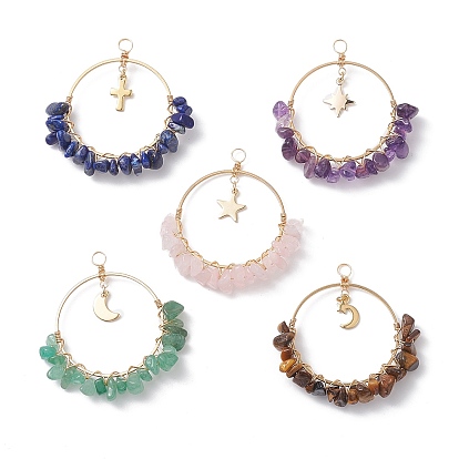 Natural Mixed Gemstone Chip Copper Wire Wrapped Pendants, Ring Charms, with Golden Plated Metal Moon Star Cross