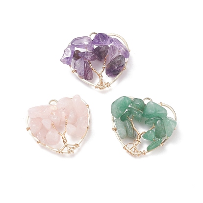 Pendentifs en pierre naturelle, avec de vrais accessoires en laiton plaqué or et du fil de cuivre enroulé, Coeur avec arbre