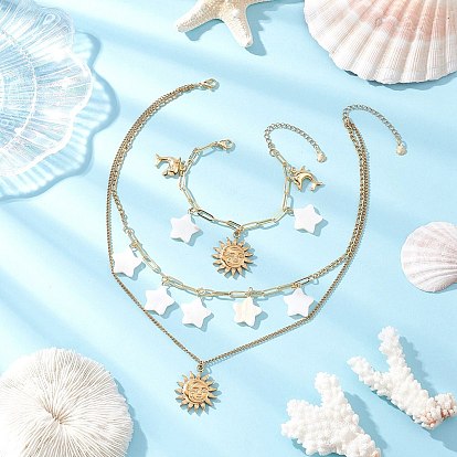 304 Набор украшений из нержавеющей стали в виде солнца со звездой и дельфином, включая ожерелья и браслеты, с 304 подвесками из нержавеющей стали и бусинами из натуральных пресноводных ракушек