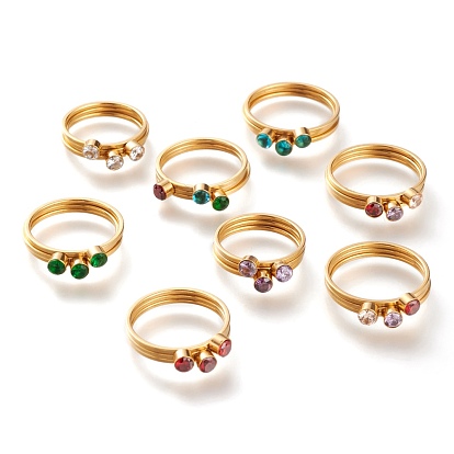 Ion Plating(IP) 304 Stainless Steel Finger Rings, Stackable Rings, with Rhinestone, Flat Round