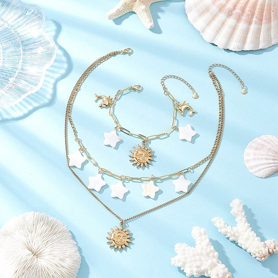 304 Набор украшений из нержавеющей стали в виде солнца со звездой и дельфином, включая ожерелья и браслеты, с 304 подвесками из нержавеющей стали и бусинами из натуральных пресноводных ракушек