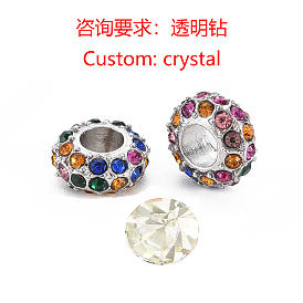 Rack Plating Alloy European Beads, with Rhinestone, Large Hole Beads, Cadmium Free & Nickel Free & Lead Free, Flat Round