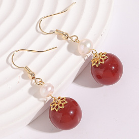 Natural Stone and Freshwater Pearl Earrings with 14K Red Gold Hooks - Chic Design Jewelry