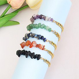 Natural Stone Beaded Bracelets, with Stainless Steel Chains