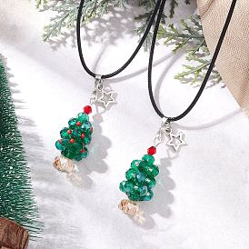 2Pcs 2 Styles Electroplate Glass Beaded Dark Cyan Christmas Tree & Alloy Star Pendant Black Waxed Cotton Cord Necklaces, Antique Silver